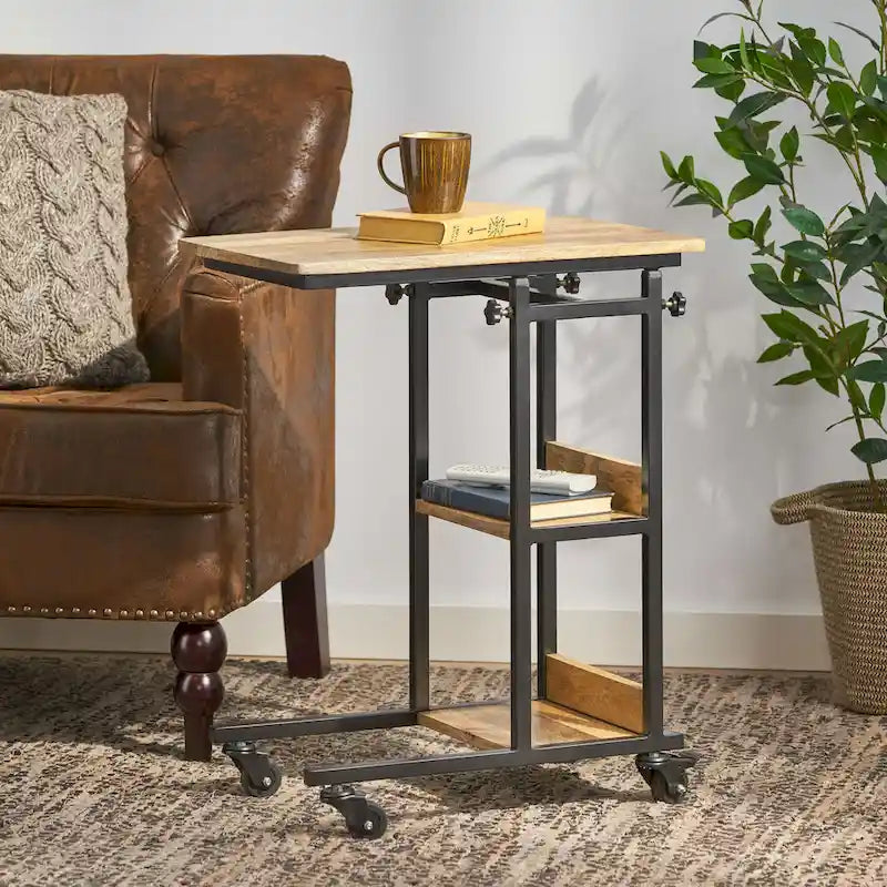 Table d'appoint en manguier doré/naturel en forme de C avec roulettes, 1 personne