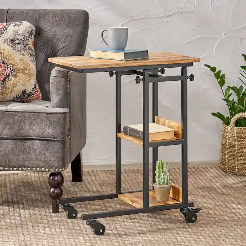 Table d'appoint en manguier doré/naturel en forme de C avec roulettes, 1 personne