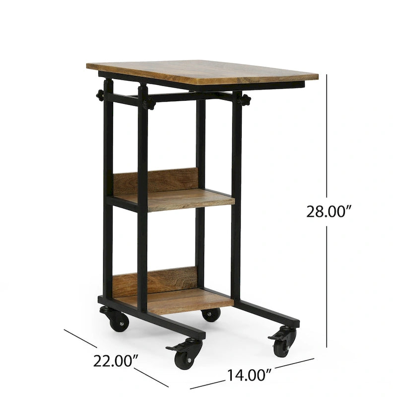 Table d'appoint en manguier doré/naturel en forme de C avec roulettes, 1 personne