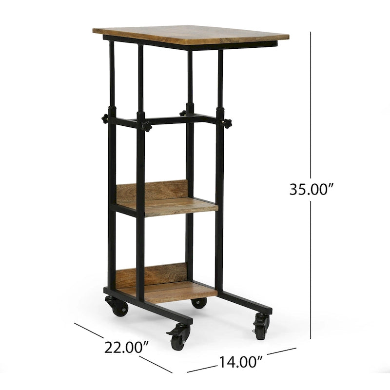 Table d'appoint en manguier doré/naturel en forme de C avec roulettes, 1 personne