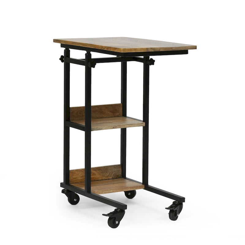Table d'appoint en manguier doré/naturel en forme de C avec roulettes, 1 personne