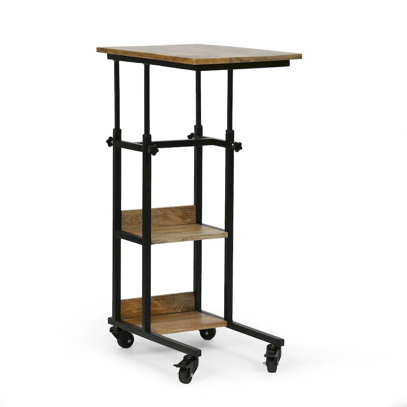 Table d'appoint en manguier doré/naturel en forme de C avec roulettes, 1 personne