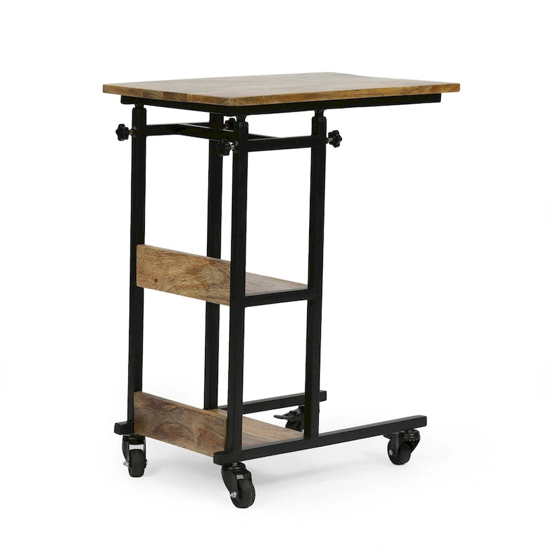 Table d'appoint en manguier doré/naturel en forme de C avec roulettes, 1 personne