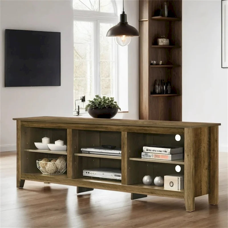Meuble TV 178 cm avec étagères ouvertes et gestion des câbles, chêne / noir / gris foncé, pour 1