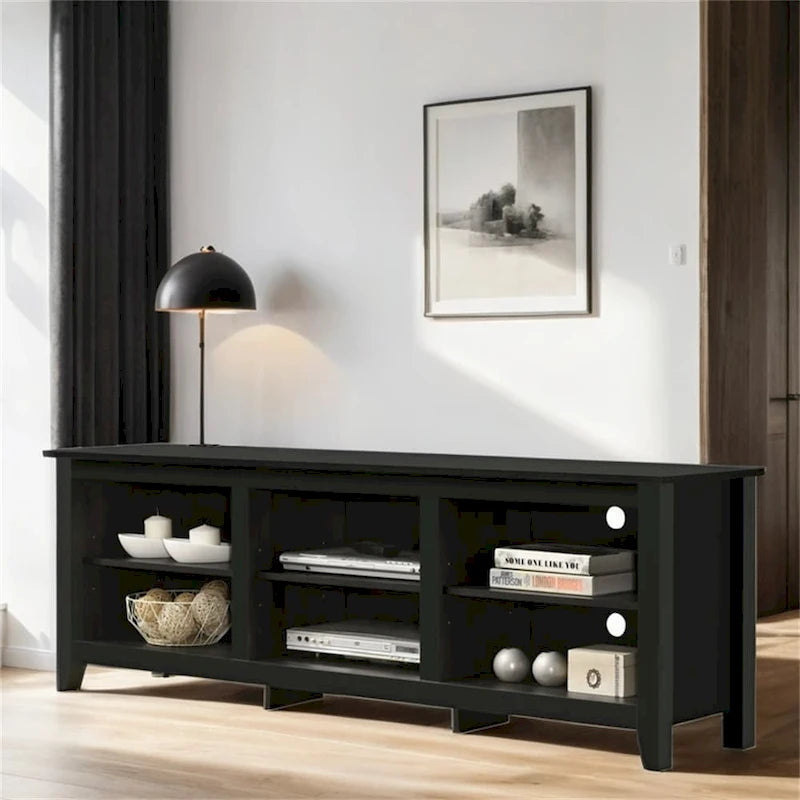 Meuble TV 178 cm avec étagères ouvertes et gestion des câbles, chêne / noir / gris foncé, pour 1