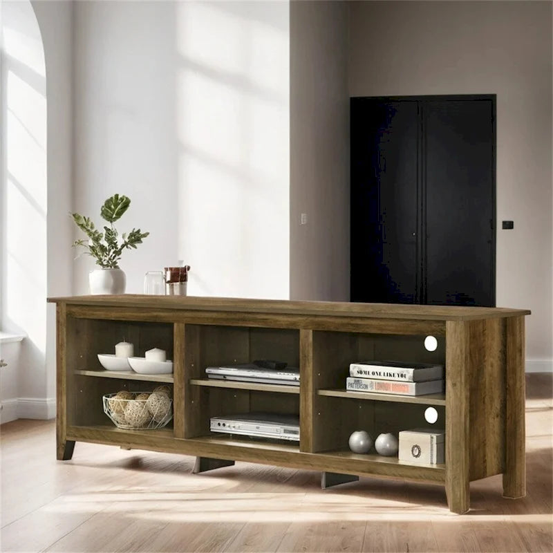 Meuble TV 178 cm avec étagères ouvertes et gestion des câbles, chêne / noir / gris foncé, pour 1