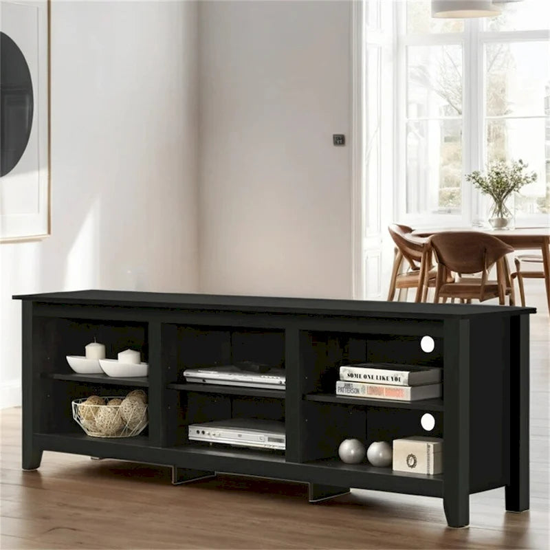 Meuble TV 178 cm avec étagères ouvertes et gestion des câbles, chêne / noir / gris foncé, pour 1