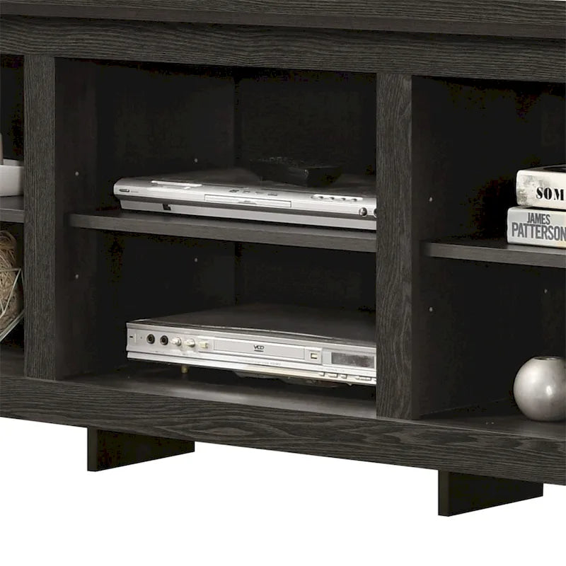 Meuble TV 178 cm avec étagères ouvertes et gestion des câbles, chêne / noir / gris foncé, pour 1