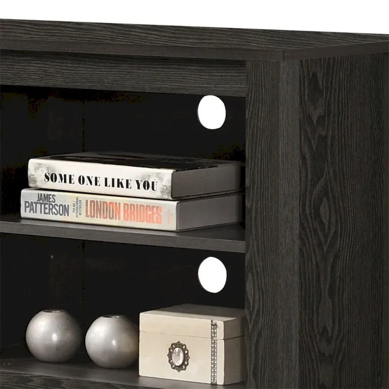 Meuble TV 178 cm avec étagères ouvertes et gestion des câbles, chêne / noir / gris foncé, pour 1