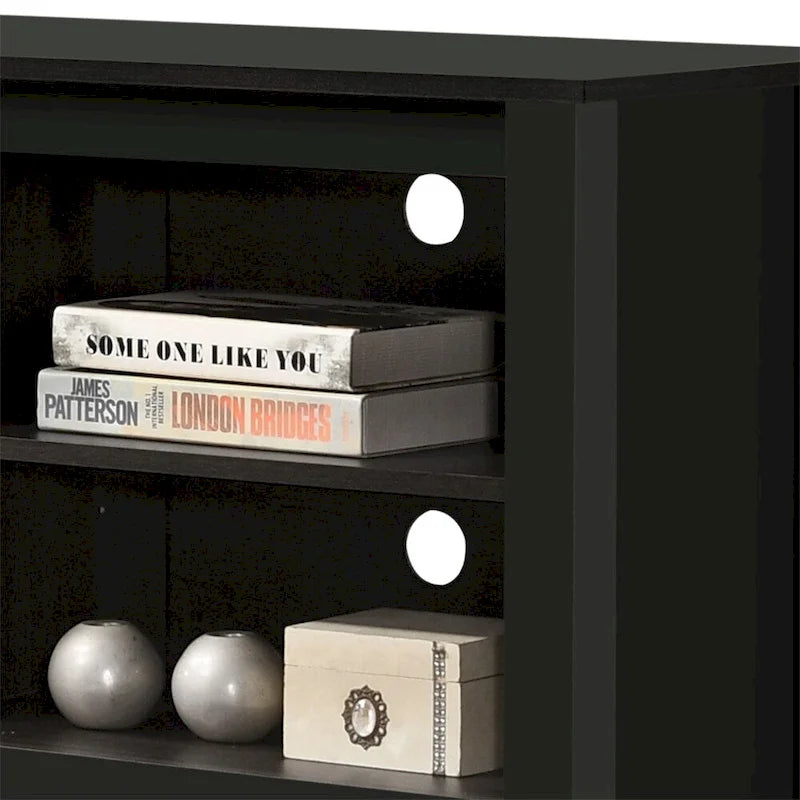 Meuble TV 178 cm avec étagères ouvertes et gestion des câbles, chêne / noir / gris foncé, pour 1