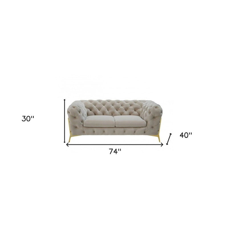 Causeuse Chesterfield velours doré beige, 2 places