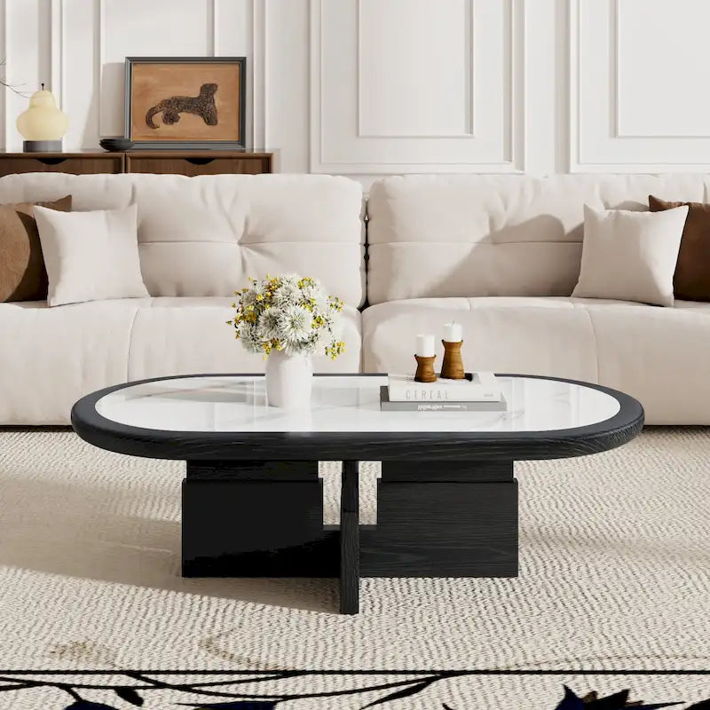Table basse ovale noire/blanche, plateau en pierre frittée et pieds en bois, 119 cm