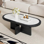 Table basse ovale noire/blanche, plateau en pierre frittée et pieds en bois, 119 cm