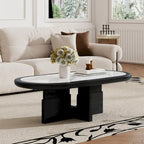 Table basse ovale noire/blanche, plateau en pierre frittée et pieds en bois, 119 cm