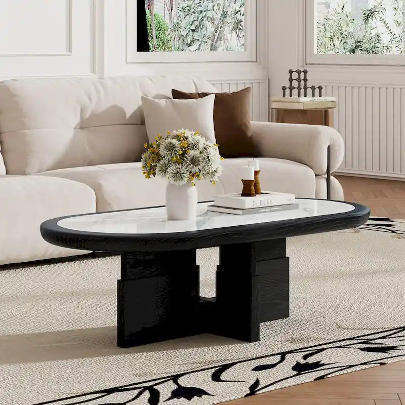 Table basse ovale noire/blanche, plateau en pierre frittée et pieds en bois, 119 cm