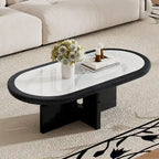 Table basse ovale noire/blanche, plateau en pierre frittée et pieds en bois, 119 cm