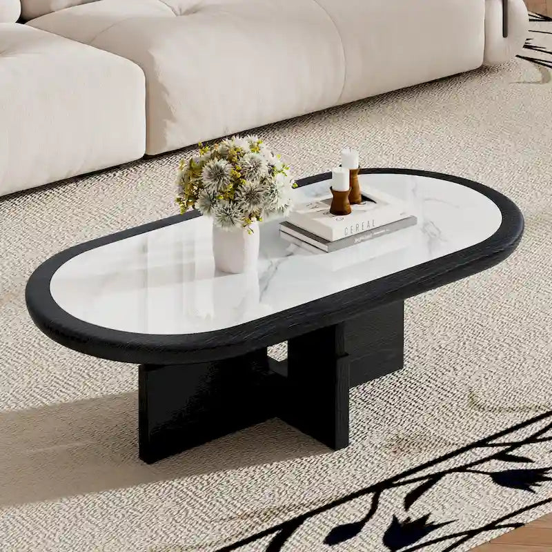 Table basse ovale noire/blanche, plateau en pierre frittée et pieds en bois, 119 cm