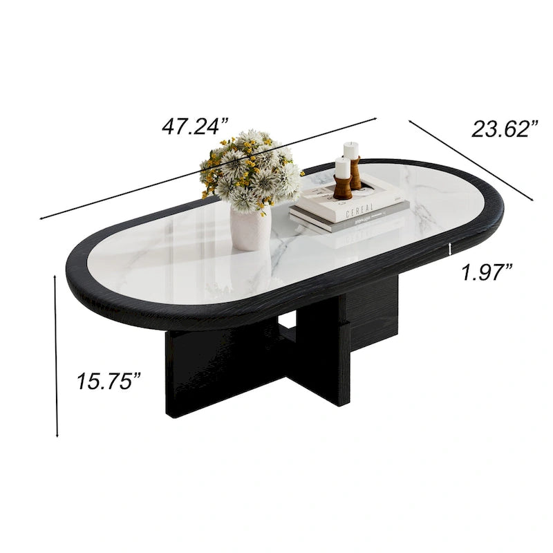 Table basse ovale noire/blanche, plateau en pierre frittée et pieds en bois, 119 cm