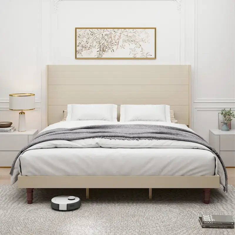 Lit plateforme beige King avec tête de lit de 54 po de haut, 1 personne
