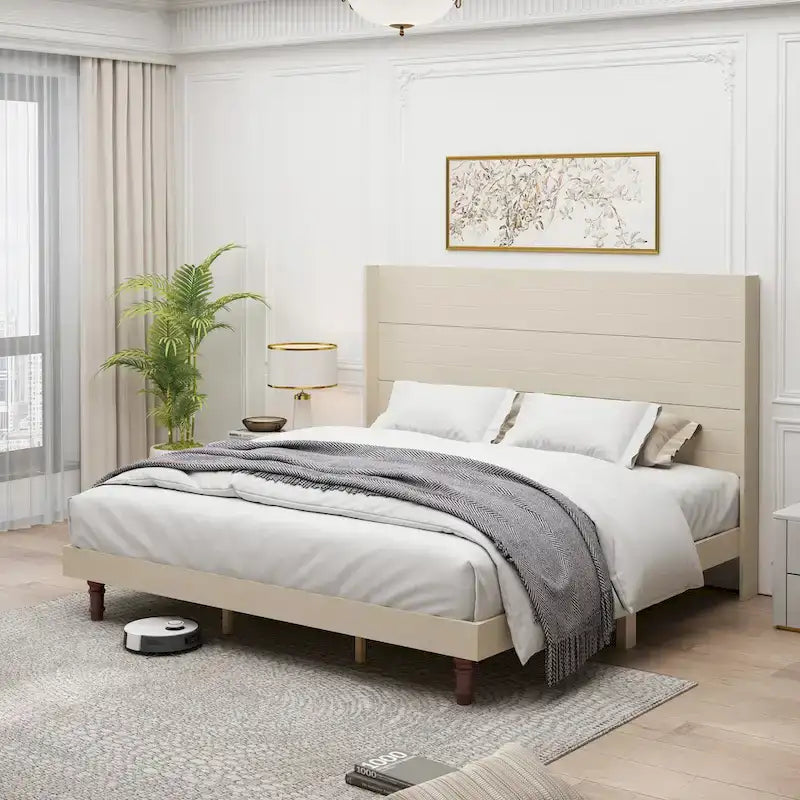 Lit plateforme beige King avec tête de lit de 54 po de haut, 1 personne