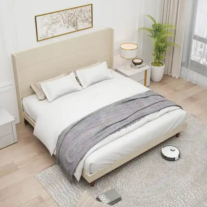 Lit plateforme beige King avec tête de lit de 54 po de haut, 1 personne