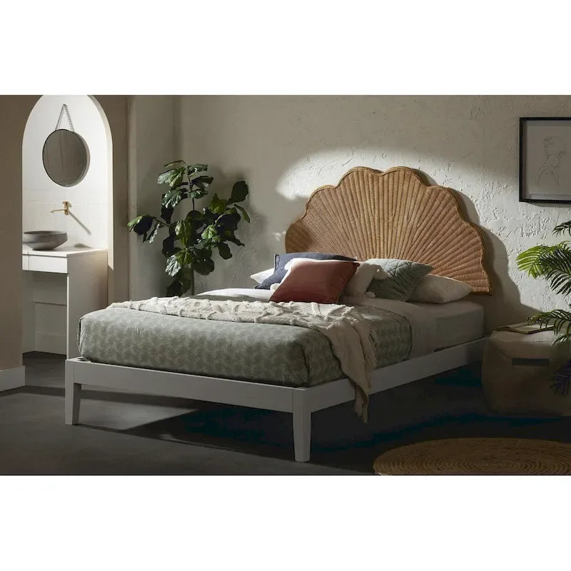 Tête de lit murale bohème en rotin naturel - Forme coquillage - Pour lit double