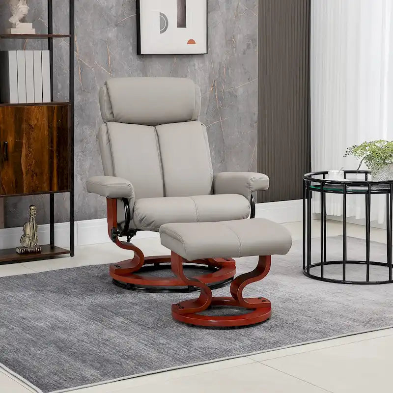 Fauteuil inclinable pivotant en similicuir gris avec pouf, simple
