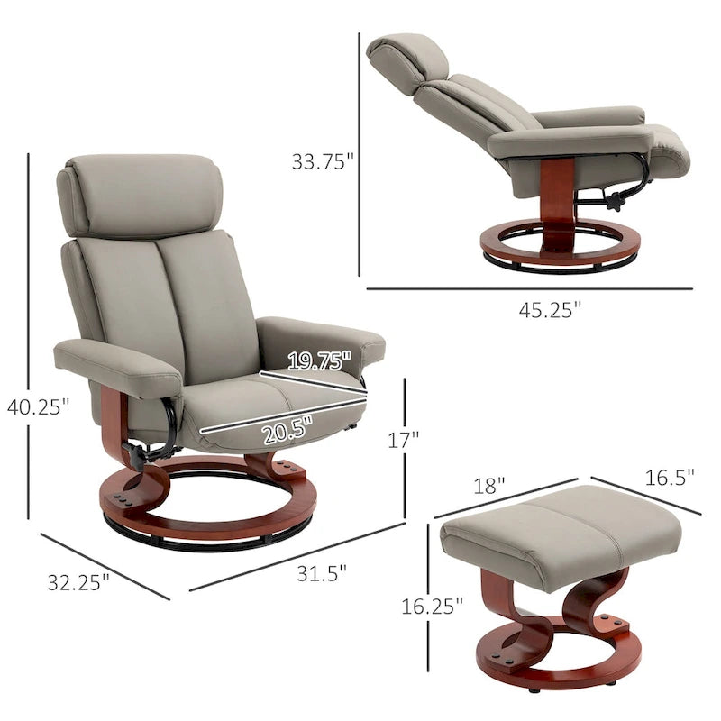 Fauteuil inclinable pivotant en similicuir gris avec pouf, simple