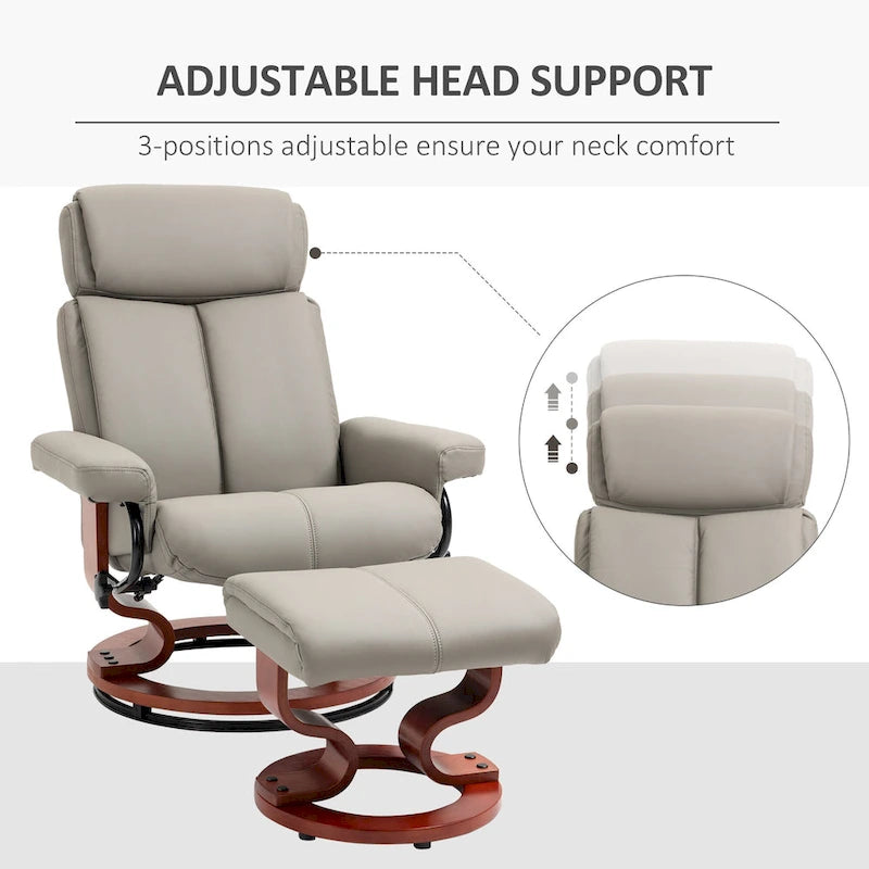 Fauteuil inclinable pivotant en similicuir gris avec pouf, simple