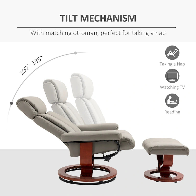 Fauteuil inclinable pivotant en similicuir gris avec pouf, simple