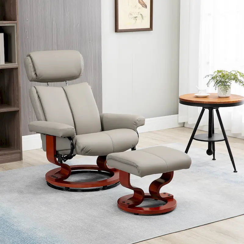 Fauteuil inclinable pivotant en similicuir gris avec pouf, simple