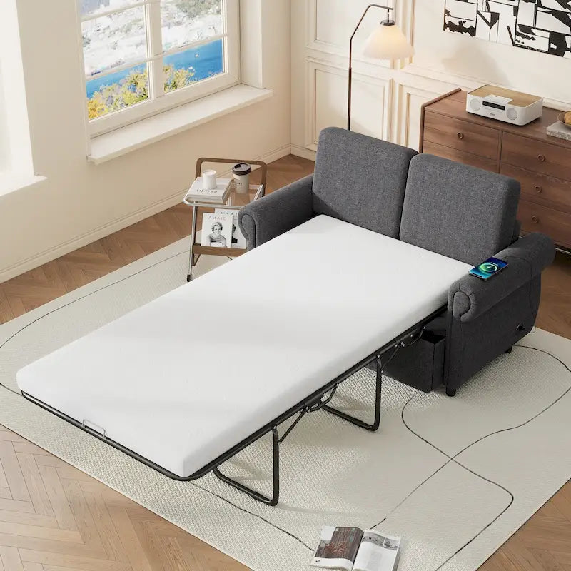 Canapé-lit convertible 2 places gris / marron / noir, avec ports USB