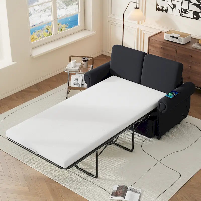 Canapé-lit convertible 2 places gris / marron / noir, avec ports USB