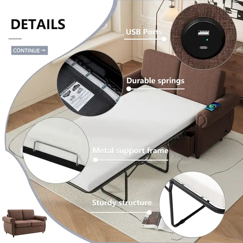 Canapé-lit convertible 2 places gris / marron / noir, avec ports USB