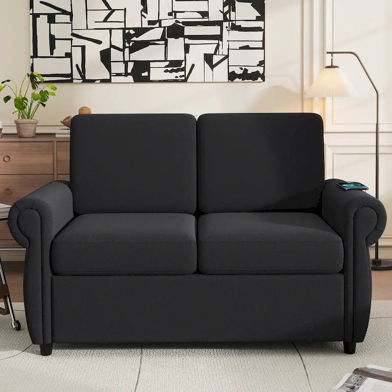 Canapé-lit convertible 2 places gris / marron / noir, avec ports USB