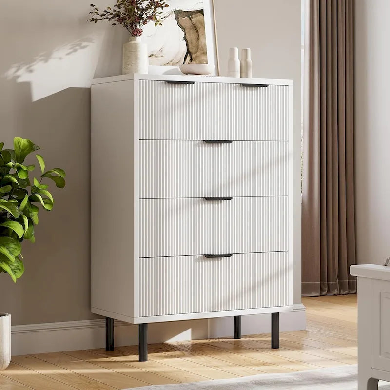 Commode blanche cannelée à 5 tiroirs pour 1 personne