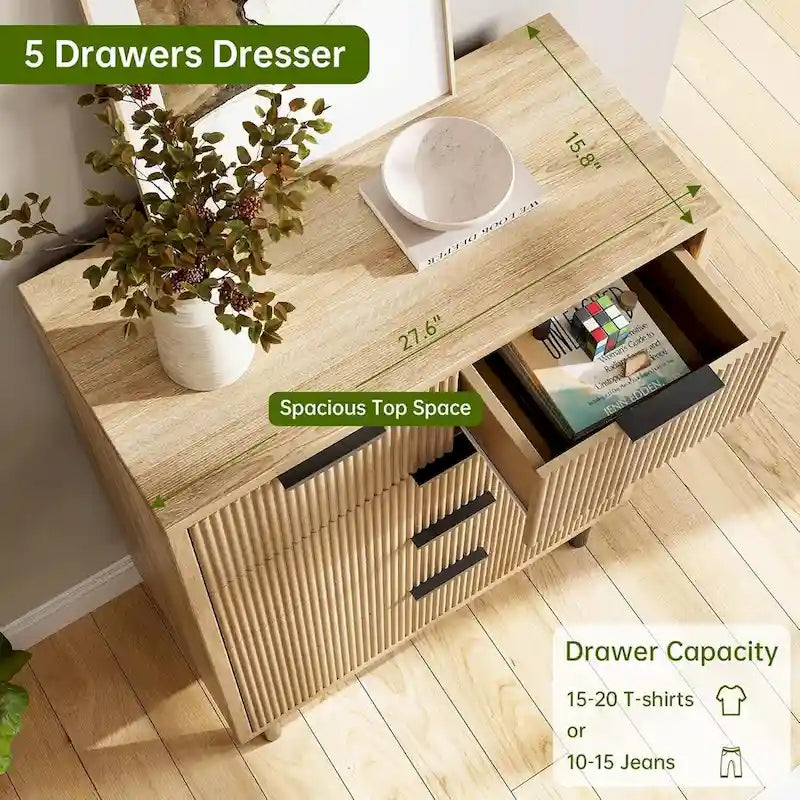 Commode blanche cannelée à 5 tiroirs pour 1 personne