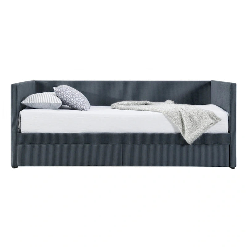 Lit de repos simple en velours côtelé gris avec 2 tiroirs, 1 personne