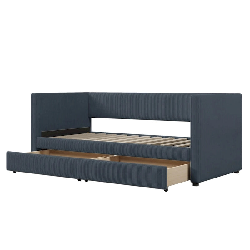 Lit de repos simple en velours côtelé gris avec 2 tiroirs, 1 personne