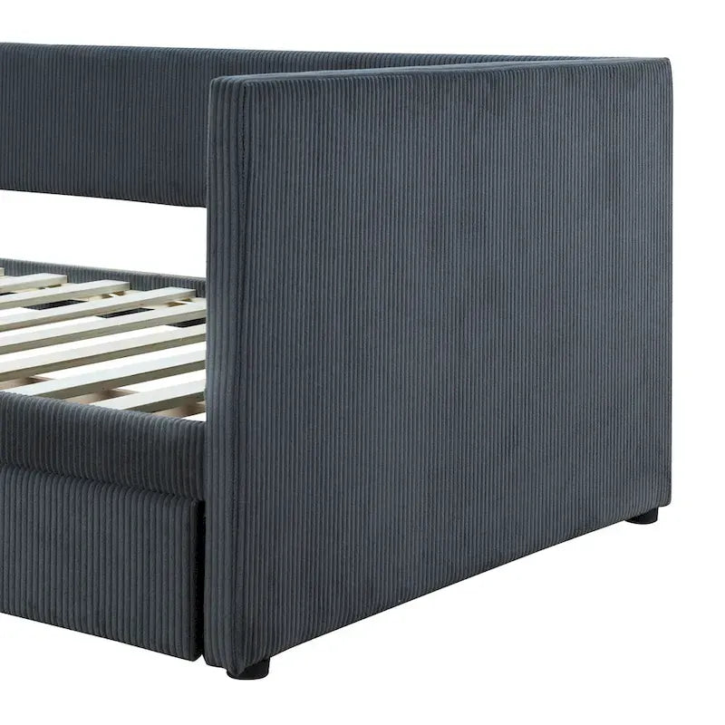 Lit de repos simple en velours côtelé gris avec 2 tiroirs, 1 personne