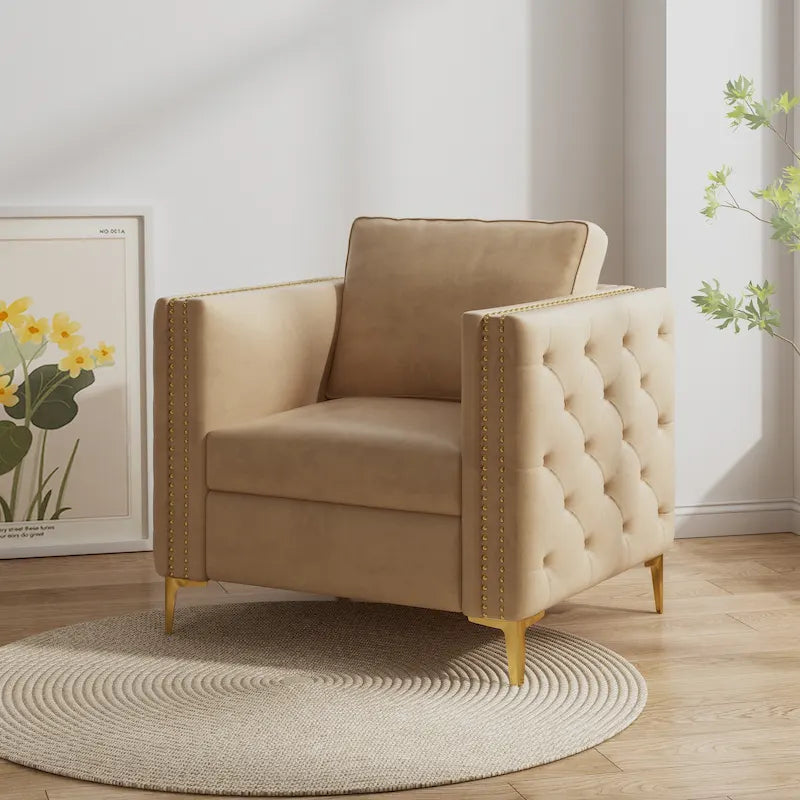 Fauteuil d'appoint capitonné en velours kaki, une place