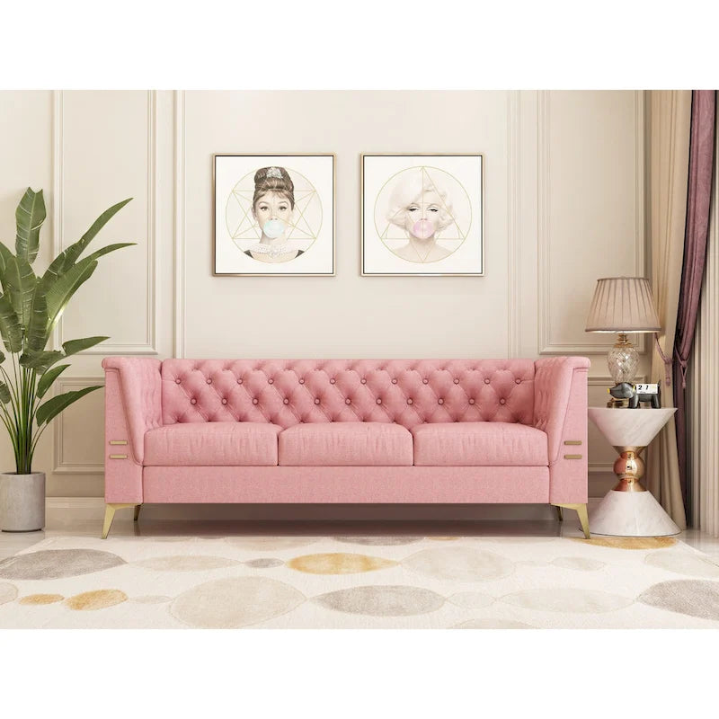 Canapé Chesterfield 3 places en velours gris clair / noir / beige / rose