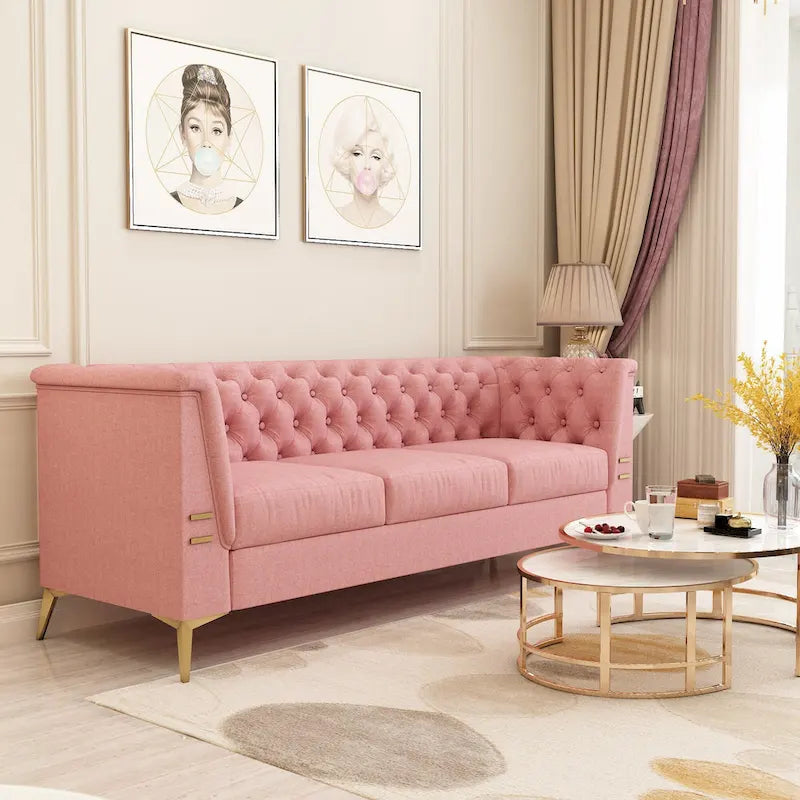 Canapé Chesterfield 3 places en velours gris clair / noir / beige / rose