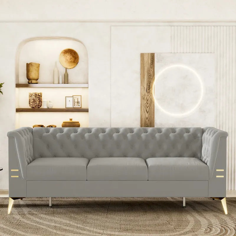Canapé Chesterfield 3 places en velours gris clair / noir / beige / rose