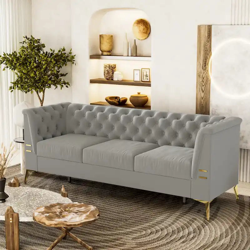 Canapé Chesterfield 3 places en velours gris clair / noir / beige / rose
