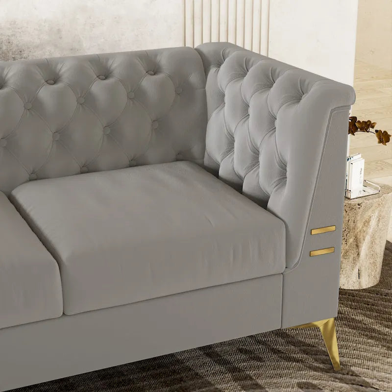 Canapé Chesterfield 3 places en velours gris clair / noir / beige / rose