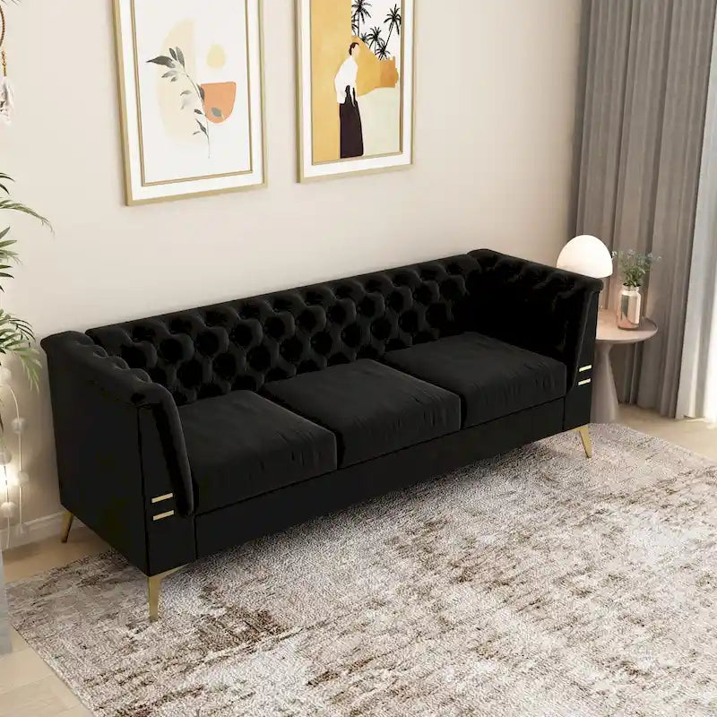 Canapé Chesterfield 3 places en velours gris clair / noir / beige / rose