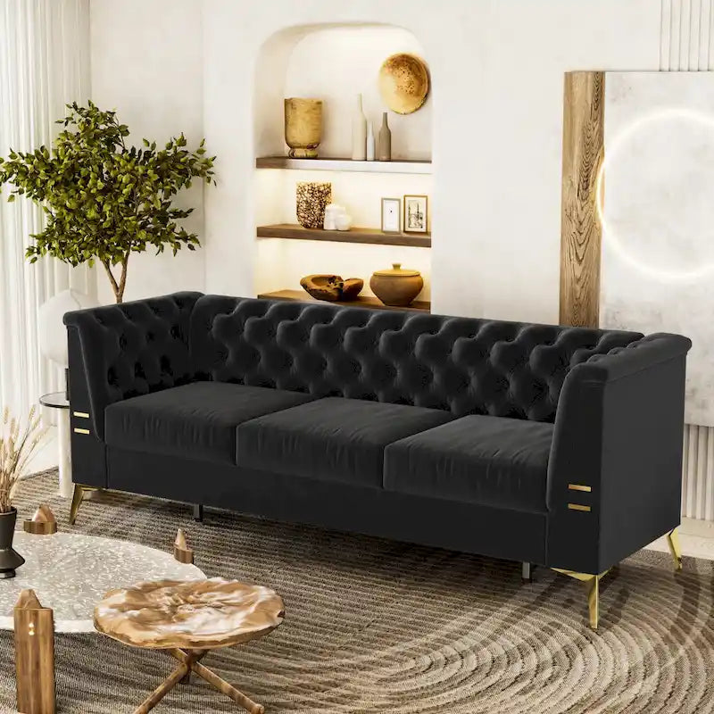 Canapé Chesterfield 3 places en velours gris clair / noir / beige / rose