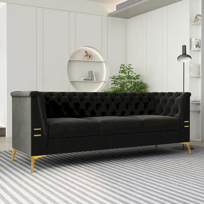 Canapé Chesterfield 3 places en velours gris clair / noir / beige / rose