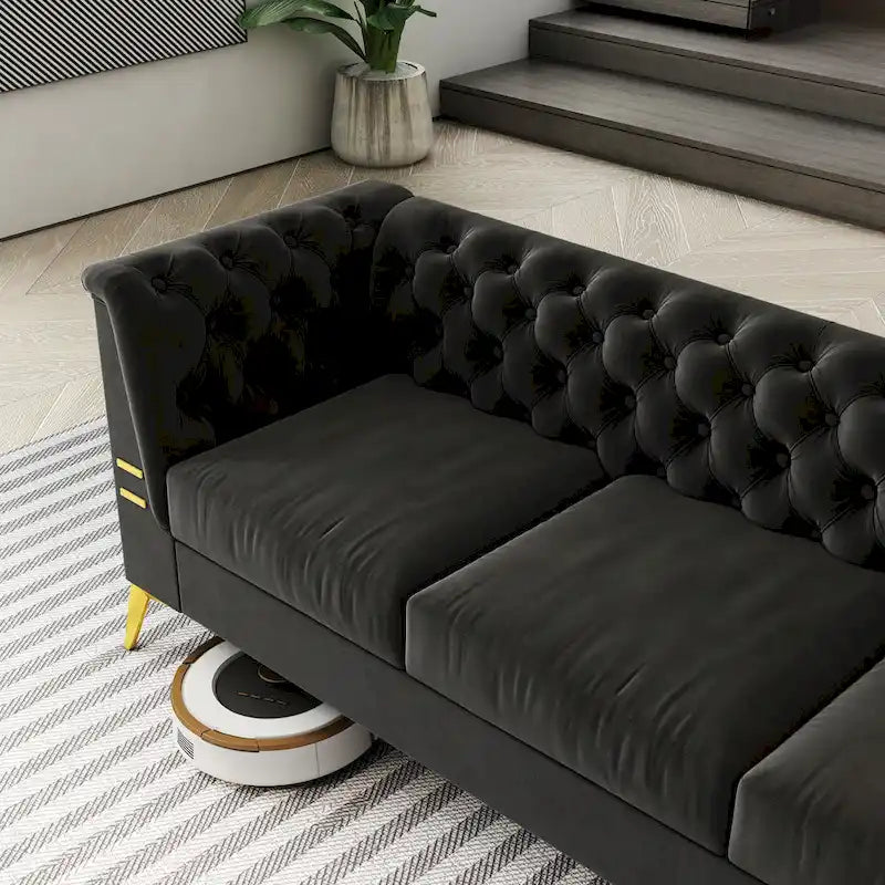 Canapé Chesterfield 3 places en velours gris clair / noir / beige / rose